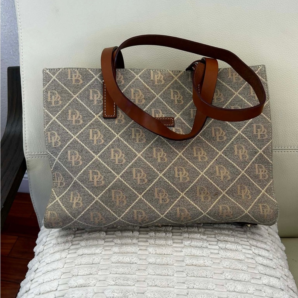 Dooney & Bourke Grey Monogram Canvas Tote with Brown Leather Straps